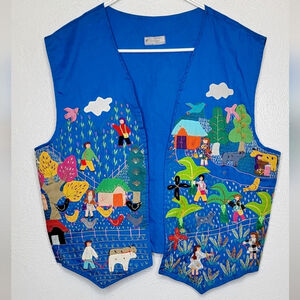 Cuyamuna Handmade Village Scene Embroidered Blue Waist Coat Women's Size XLarge